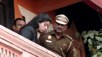 Central Delhi DCP Shweta Chauhan at the site where a teacher hit a student with a pair of scissors and then pushed her down from the first floor of the school building, in New Delhi on Friday. (ANI)