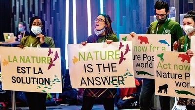 Climate activists hold signs during the United the Nations Biodiversity Conference (COP15) in Canada’s Montreal. (AFP) Climate activists hold signs during the United the Nations Biodiversity Conference (COP15) in Canada’s Montreal. (AFP)