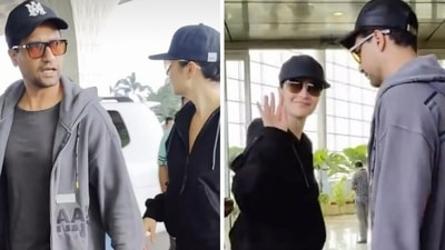 Katrina Kaif and Vicky Kaushal at Mumbai airport. (Viral Bhayani). Katrina Kaif and Vicky Kaushal at Mumbai airport. (Viral Bhayani).