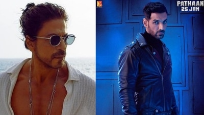 Actors Shah Rukh Khan and John Abraham from Pathaan. Actors Shah Rukh Khan and John Abraham from Pathaan.
