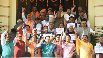 The BJP legislators staged a walkout in the Bihar Assembly for the third day. (Photo by Santosh Kumar/ Hindustan Times) The BJP legislators staged a walkout in the Bihar Assembly for the third day. (Photo by Santosh Kumar/ Hindustan Times)