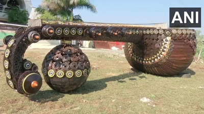 The image shows the huge 'Rudra Veena' created by artists in Bhopal from trash. (Twitter/@ANI_MP_CG_RJ)