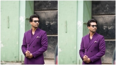 The actor added a touch of violet to his look – he decked up in a violet shirt and a violet blazer, teamed with a pair of violet formal trousers. (Instagram/@vickykaushal09) The actor added a touch of violet to his look – he decked up in a violet shirt and a violet blazer, teamed with a pair of violet formal trousers. (Instagram/@vickykaushal09)