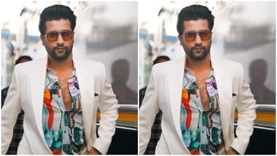 Vicky looked dapper as ever in a multicoloured shirt, layered with a white blazer and a white pair of formal trousers. (Instagram/@vickykaushal09) Vicky looked dapper as ever in a multicoloured shirt, layered with a white blazer and a white pair of formal trousers. (Instagram/@vickykaushal09)