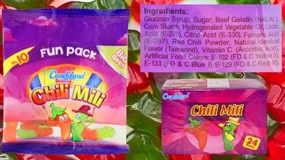 The wrappers are labelled ‘made in Pakistan’ with a red mark indicating that the product is non-vegetarian. The wrappers are labelled ‘made in Pakistan’ with a red mark indicating that the product is non-vegetarian.