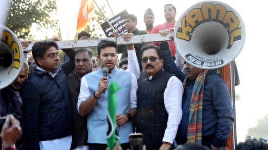 Bharatiya Janata Party Yuva Morcha National President Tejasvi Surya addresses during a protest over the remarks by Pakistan foreign minister Bilawal Bhutto Zardari on Prime Minister Narendra Modi outside Pakistan high commission in New Delhi on Friday. (ANI)