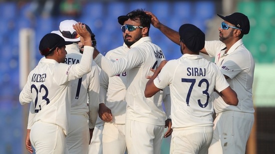 Axar Patel celebrates the wicket with his teammates(AP) Axar Patel celebrates the wicket with his teammates(AP)
