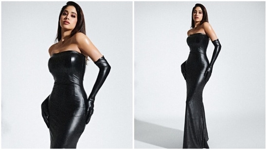 Janhvi Kapoor recently graced the star-studded Grazia Young Fashion Awards 2022. She stole the show in her black latex body-hugging gown to which she added a vintage touch by pairing with latex gloves.(Instagram/@janhvikapoor)