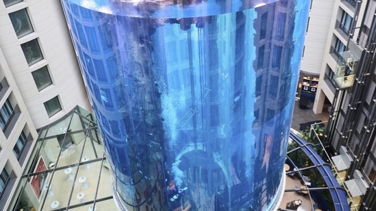 The world's largest free-standing cylindrical aquarium in the world, the AquaDom in Berlin burst, spilling debris, water and hundreds of tropical fish out of the aquarium on Friday. (AP)