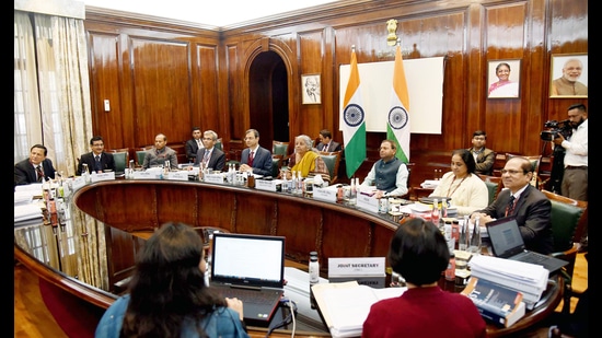 Union Minister for Finance and Corporate Affairs Nirmala Sitharaman chairs the 48th meeting of the GST Council via virtual mode, in New Delhi on Saturday. The meeting joins by the Minister of State for Finance, Pankaj Chaudhary, the Finance Ministers of State and UTs and Senior officers from the Union Government and States. (ANI Photo) (ANI/PIB)