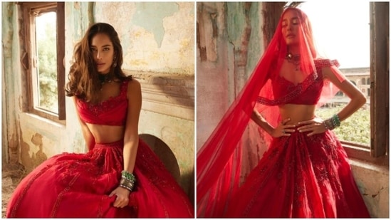 Lisa Haydon is the modern-day bride in a stunning red lehenga(Instagram/@lisahaydon)
