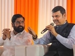 Maharashtra Chief Minister Eknath Shinde with the state deputy Chief Minister Devendra Fadnavis during a press conference on the eve of winter session of Maharashtra Assembly, in Nagpur, Sunday.