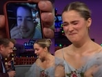 Actor Haley Lu Richardson is surprised by a FaceTime call from singer Nick Jonas on the Late Late Show with James Corden. Actor Haley Lu Richardson is surprised by a FaceTime call from singer Nick Jonas on the Late Late Show with James Corden.