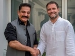 Congress leader Rahul Gandhi and actor-turned politician Kamal Haasan shake hands during a meeting in New Delhi. Congress leader Rahul Gandhi and actor-turned politician Kamal Haasan shake hands during a meeting in New Delhi.