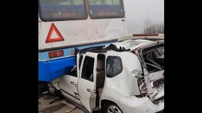 A car crashed into a Haryana Roadways bus in Karnal on Sunday. (HT Photo)