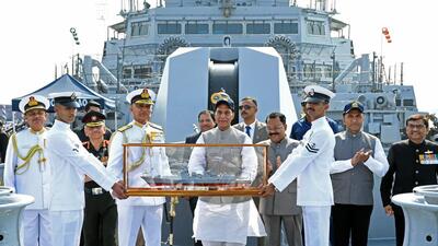 Defence minister Rajnath Singh being presented with a memento on Sunday. (ANI) Defence minister Rajnath Singh being presented with a memento on Sunday. (ANI)