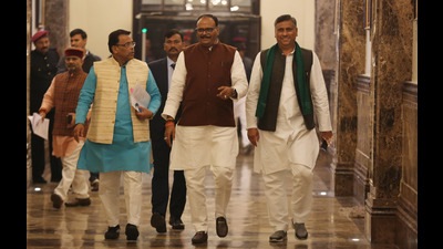 Deputy Chief Minister Brajesh Pathak along with other leaders (HT File)