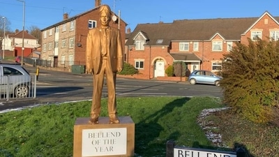 Vladimir Putin Statue: The statue was installed and marked with a “Bellend of the year” inscription. Vladimir Putin Statue: The statue was installed and marked with a “Bellend of the year” inscription.