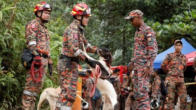 Malaysia Landslide: A rescuer crew member pats a sniffer dog being used to aid in the search for victims. (Reuters)