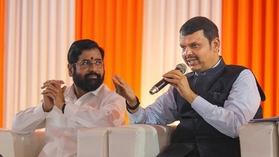 Maharashtra Chief Minister Eknath Shinde with the state deputy Chief Minister Devendra Fadnavis during a press conference on the eve of winter session of Maharashtra Assembly, in Nagpur, Sunday. (PTI) Maharashtra Chief Minister Eknath Shinde with the state deputy Chief Minister Devendra Fadnavis during a press conference on the eve of winter session of Maharashtra Assembly, in Nagpur, Sunday. (PTI)