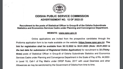 OPSC recruitment 2022: Apply for Statistical Officers posts from December 30 OPSC recruitment 2022: Apply for Statistical Officers posts from December 30