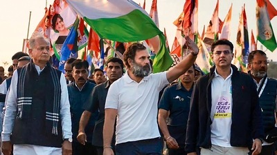 (File) Congress leader Rahul Gandhi with Rajasthan CM Ashok Gehlot, party leaders KC Venugopal, Sachin Pilot and Randeep Surjewala during the Bharat Jodo Yatra, in Kota, (PTI) (File) Congress leader Rahul Gandhi with Rajasthan CM Ashok Gehlot, party leaders KC Venugopal, Sachin Pilot and Randeep Surjewala during the Bharat Jodo Yatra, in Kota, (PTI)