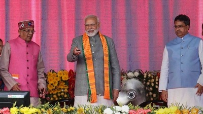 Prime Minister Narendra Modi lays foundation stone of developmental projects as Tripura chief minister Manik Saha and others look on during a public rally in Agartala on Sunday, (PTI) Prime Minister Narendra Modi lays foundation stone of developmental projects as Tripura chief minister Manik Saha and others look on during a public rally in Agartala on Sunday, (PTI)