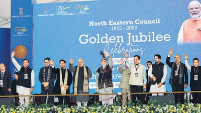 Prime Minister Narendra Modi during the golden jubilee celebration of the North Eastern Council meeting in Shillong on Sunday. (ANI) Prime Minister Narendra Modi during the golden jubilee celebration of the North Eastern Council meeting in Shillong on Sunday. (ANI)