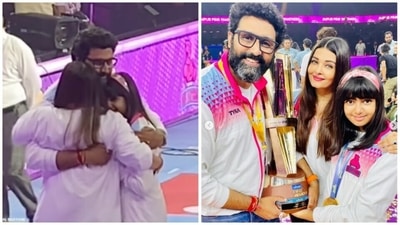 Aishwarya Rai and Aaradhya get a hug from Abhishek Bachchan. Aishwarya Rai and Aaradhya get a hug from Abhishek Bachchan.