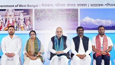 (From left) Bihar deputy CM Tejashwi Yadav, West Bengal CM Mamata Banerjee, Union home minister Amit Shah, Jharkhand CM Hemant Soren and Odisha minister Tusharkanti Behera in Howrah on Saturday. (Agencies) (From left) Bihar deputy CM Tejashwi Yadav, West Bengal CM Mamata Banerjee, Union home minister Amit Shah, Jharkhand CM Hemant Soren and Odisha minister Tusharkanti Behera in Howrah on Saturday. (Agencies)