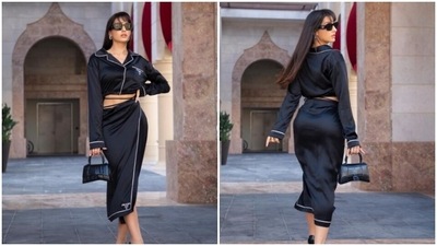 Nora Fatehi's black satin co-ord set is winning the Internet (Instagram/@norafatehi) Nora Fatehi's black satin co-ord set is winning the Internet (Instagram/@norafatehi)