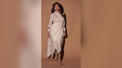 Shilpa Shetty's 'look of the day' features a white wrap dress featuring full sleeves, belt on the midriff and an asymmetrical hemline.&nbsp; (Instagram/@theshilpashetty)