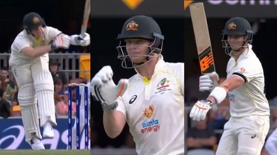 Steve Smith reacts after receiving a body blow from Anrich Nortje. (Instagram) Steve Smith reacts after receiving a body blow from Anrich Nortje. (Instagram)