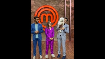 Chef Ranveer Brar, Chef Garima Arora and Chef Vikas Khanna with his pet pooch and new MasterChef India judge ‘Chef Plum Khanna’. (Instagram/@vikaskhannagroup)