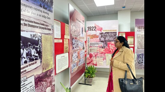A visitor having a look at a rare picture at the month-long exhibition organised at Uttar Pradesh State Archives’ office in Lucknow on Sunday. (Sourced)