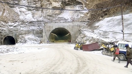 An outer view of the Sela Pass tunnel which will provide all-weather connectivity to Tawang, is being constructed atop 13,000 feet.(ANI)