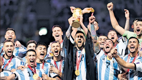 Argentina players celebrate after winning the Fifa World Cup final gainst France. (AFP)