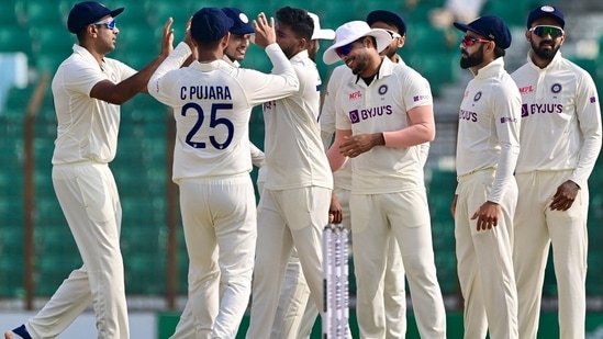 India's players celebrate the dismissal of Bangladesh's Mehidy Hasan Miraz (Getty)