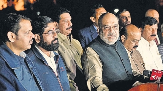 Amit Shah with Karnataka Chief Minister Basavaraj Bommai, state Home Minister Araga Jnanendra, Maharashtra Chief Minister Eknath Shinde and the state Deputy Chief Minister Devendra Fadnavis addresses a press conference after meeting over the state border dispute. (File) Amit Shah with Karnataka Chief Minister Basavaraj Bommai, state Home Minister Araga Jnanendra, Maharashtra Chief Minister Eknath Shinde and the state Deputy Chief Minister Devendra Fadnavis addresses a press conference after meeting over the state border dispute. (File)