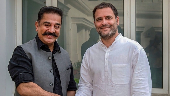 Congress leader Rahul Gandhi and actor-turned politician Kamal Haasan shake hands during a meeting in New Delhi. (PTI)