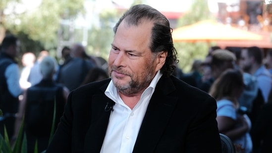 Marc Benioff, co-chief executive officer of Salesforce.com Inc., speaks during a Bloomberg Television interview at the 2022 Dreamforce conference in San Francisco, (Bloomberg)