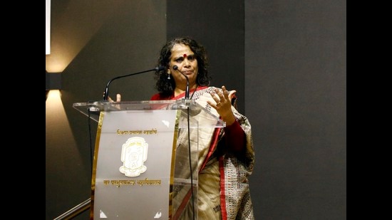 Smita Mishra, author of ‘Lt Colonel Purohit - The Man Betrayed’ at the book launch on Sunday. (Rahul Raut/HT PHOTO)