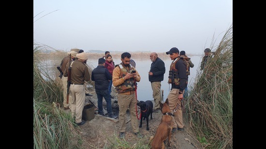 The search operation being carried out along the banks of the Sutlej river.