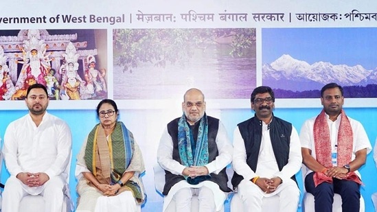 (From left) Bihar deputy CM Tejashwi Yadav, West Bengal CM Mamata Banerjee, Union home minister Amit Shah, Jharkhand CM Hemant Soren and Odisha minister Tusharkanti Behera in Howrah on Saturday. (Agencies) (From left) Bihar deputy CM Tejashwi Yadav, West Bengal CM Mamata Banerjee, Union home minister Amit Shah, Jharkhand CM Hemant Soren and Odisha minister Tusharkanti Behera in Howrah on Saturday. (Agencies)