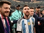 Argentina's captain and forward 10 Lionel Messi (C) reacts following the trophy ceremony after Argentina won the Qatar 2022 World Cup final football match between Argentina and France at Lusail Stadium Argentina's captain and forward 10 Lionel Messi (C) reacts following the trophy ceremony after Argentina won the Qatar 2022 World Cup final football match between Argentina and France at Lusail Stadium