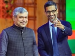 Union Minister for Electronics & Information Technology Ashwini Vaishnaw with Google CEO Sundar Pichai during the Google for India Summit 2022, at Pragati Maidan in New Delhi.