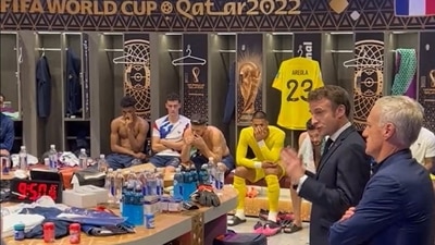 Macron shared a video where he was seen encouraging the French football team inside the dressing room surrounded by dejected players. (Twitter) Macron shared a video where he was seen encouraging the French football team inside the dressing room surrounded by dejected players. (Twitter)
