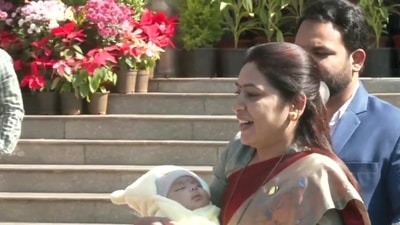 The MLA from Maharashtra's Deolali assembly was seen carrying her 2.5-month-old baby to the meeting in video clips that went viral on social media platforms. (ANI) The MLA from Maharashtra's Deolali assembly was seen carrying her 2.5-month-old baby to the meeting in video clips that went viral on social media platforms. (ANI)