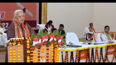 Governor Anandiben Patel addressing the convocation function on UPRTOU campus in Phaphamau in Prayagraj on Monday. (HT photo) Governor Anandiben Patel addressing the convocation function on UPRTOU campus in Phaphamau in Prayagraj on Monday. (HT photo)