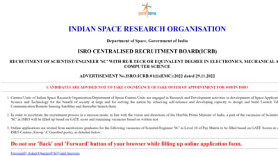 ISRO recruitment 2022: Last date to apply for Scientist, Engineer through GATE ISRO recruitment 2022: Last date to apply for Scientist, Engineer through GATE